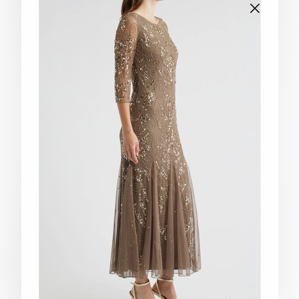 Pisarro Nights Taupe Beaded Long-Sleeve Evening Gown - Picture 3 of 10